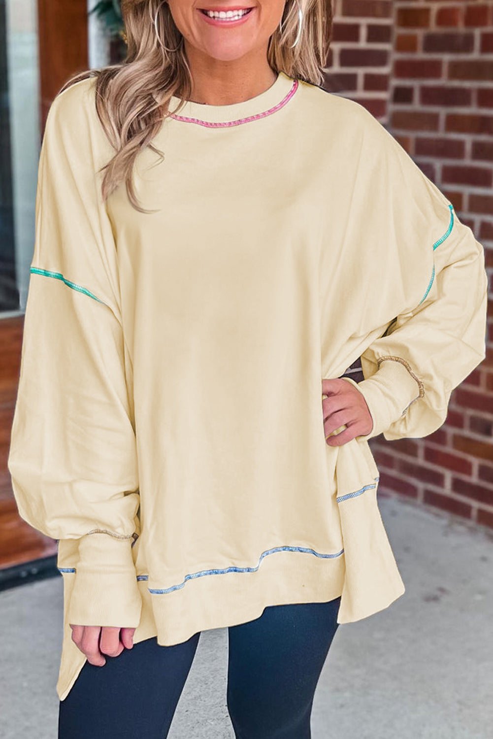 Slit Round Neck Lantern Sleeve Sweatshirt - MyEmpired