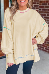 Slit Round Neck Lantern Sleeve Sweatshirt - MyEmpired
