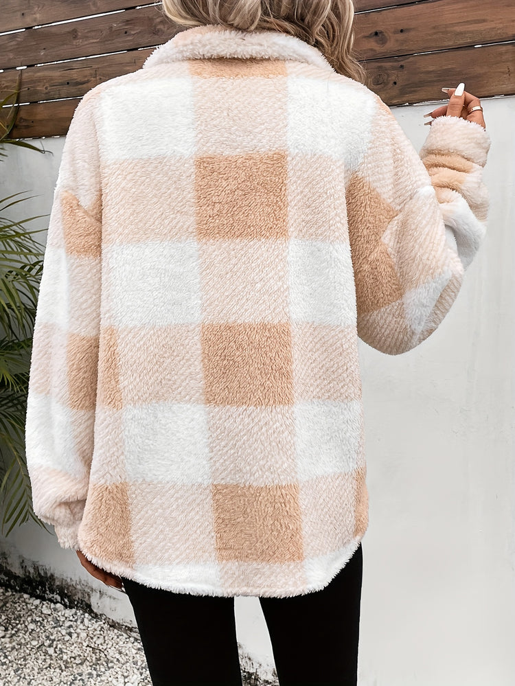 Plaid Fuzzy Fall & Winter Coat, Casual Button Front Long Sleeve Warm Outerwear, Women&