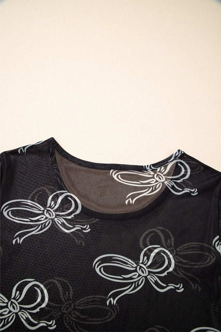 Bow Mesh Round Neck Short Sleeve T-Shirt - MyEmpired