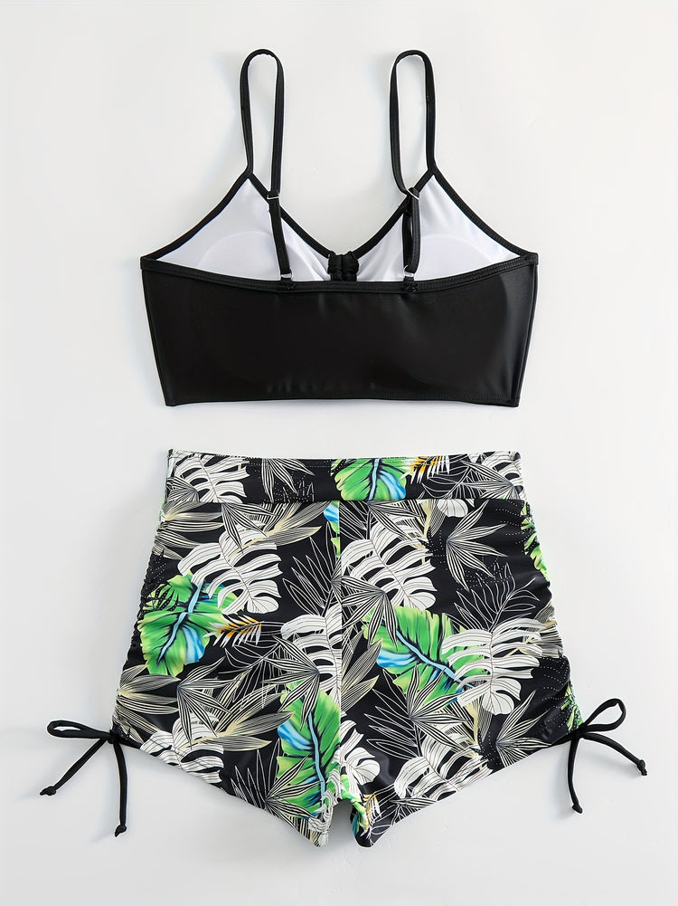 Tropical Leaf Print V Neck High Waist Bikini Sets, Drawstring Spaghetti Straps Boxer Short Bottoms Two Pieces Swimsuit, Women&