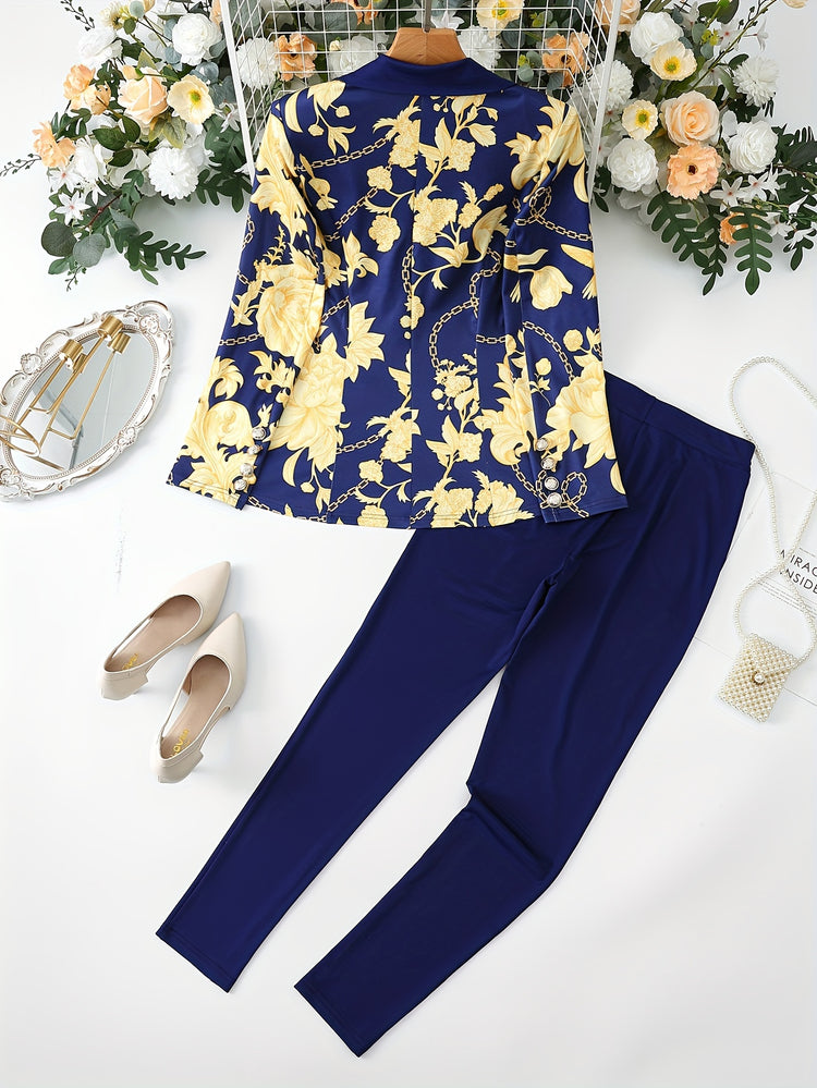 Floral Print Elegant Suit Set, Double Breasted Blazer & Slim Fit Pants Outfits, Women&