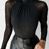 Elegant Starry Sky Sequin Embellished High Neck Sheer Mesh,Skinny Fit Long Sleeve Knit Polyester Top - All Season Elegant Collection - MyEmpired