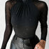 Elegant Starry Sky Sequin Embellished High Neck Sheer Mesh,Skinny Fit Long Sleeve Knit Polyester Top - All Season Elegant Collection - MyEmpired