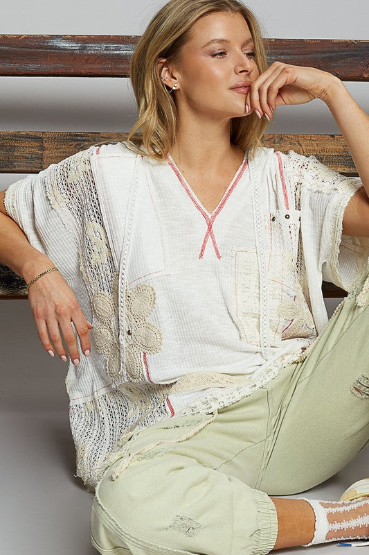 POL Lace Patchwork Half Sleeve Hooded Top - MyEmpired