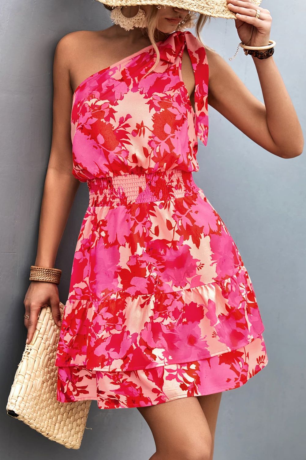 Tied Smocked Printed Single Shoulder Dress - MyEmpired