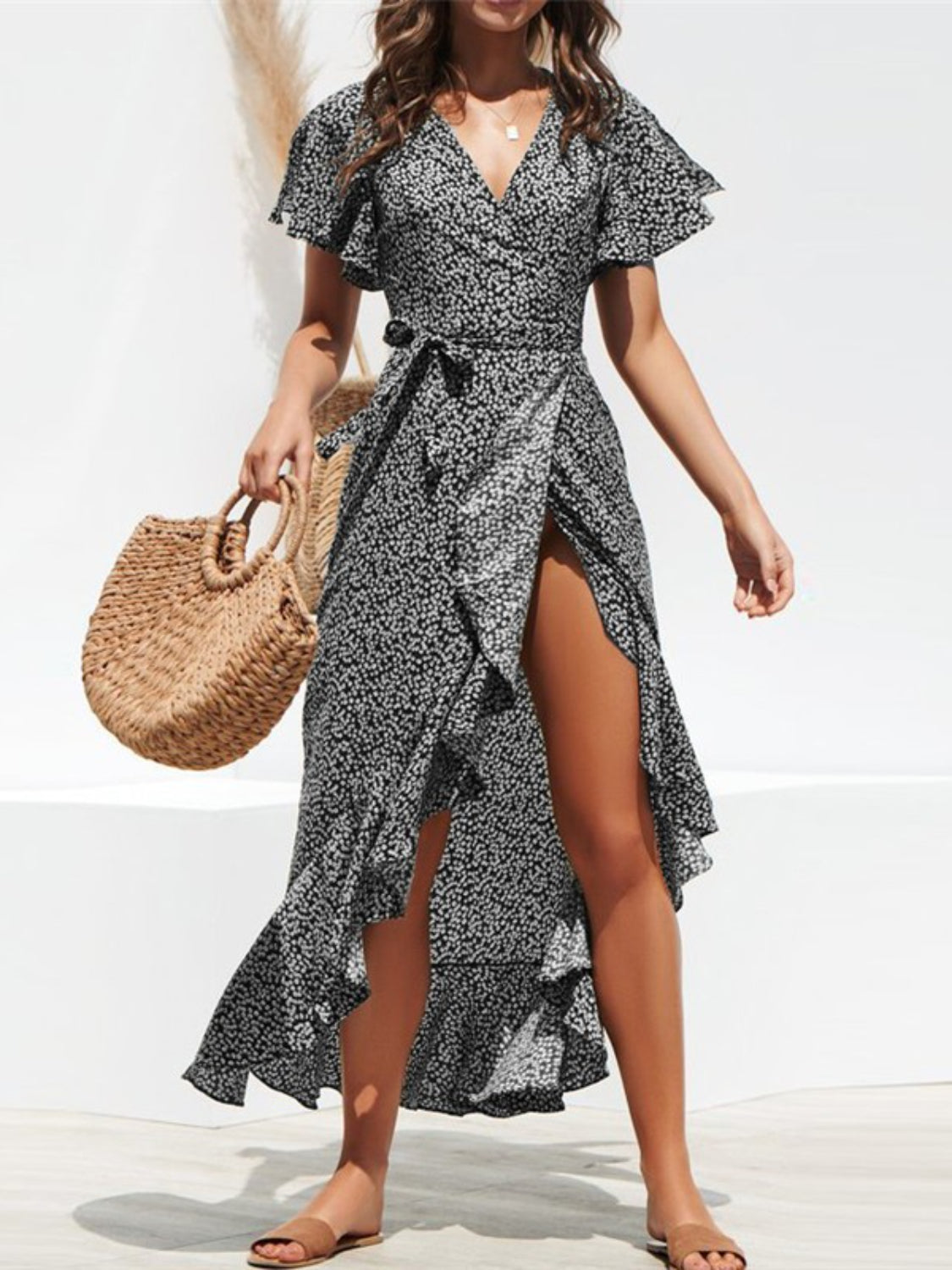 Tied Ruffled Printed Short Sleeve Midi Wrap Dress - MyEmpired