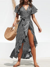 Tied Ruffled Printed Short Sleeve Midi Wrap Dress - MyEmpired