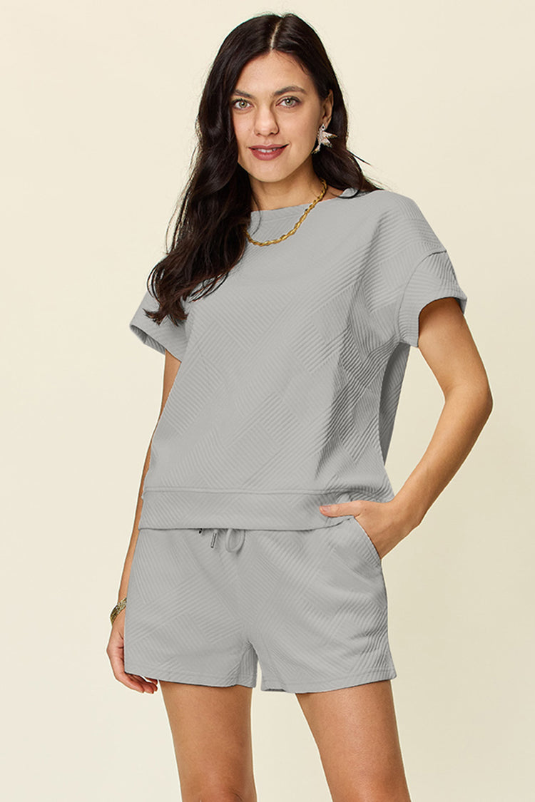 Double Take Full Size Texture Short Sleeve T-Shirt and Drawstring Shorts Set - MyEmpired