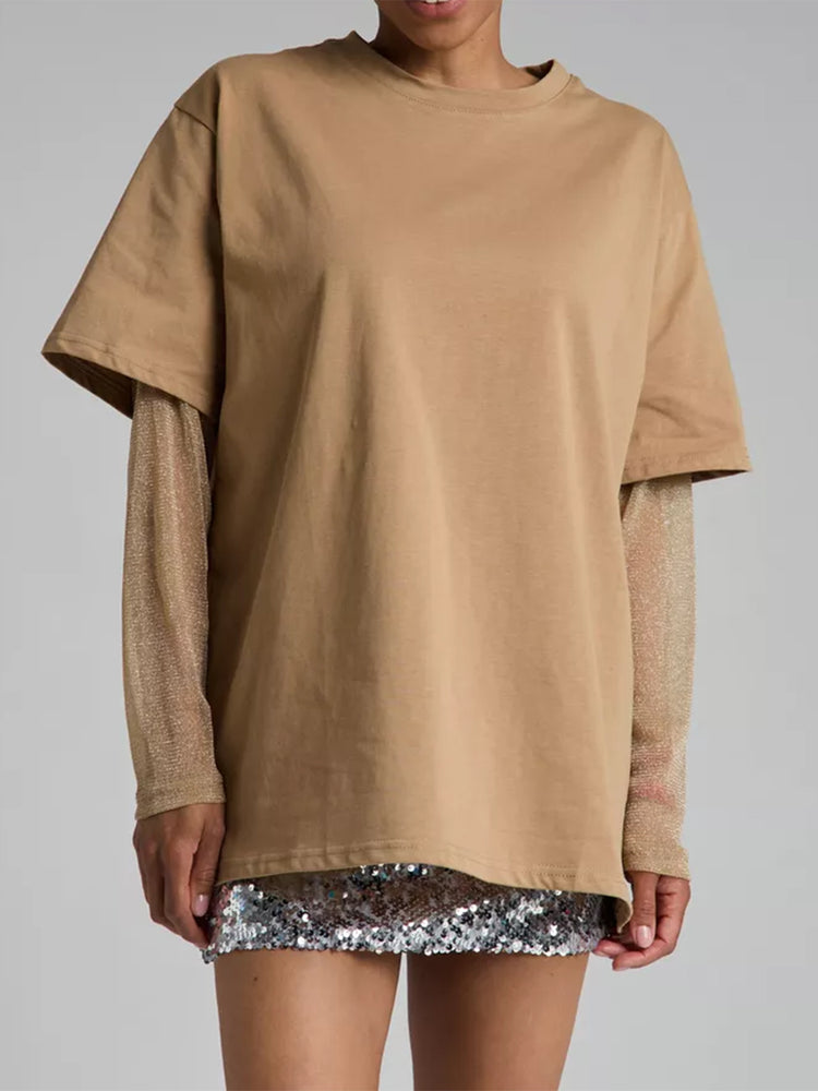 Faux Layered Round Neck Mesh Sleeve Top - MyEmpired