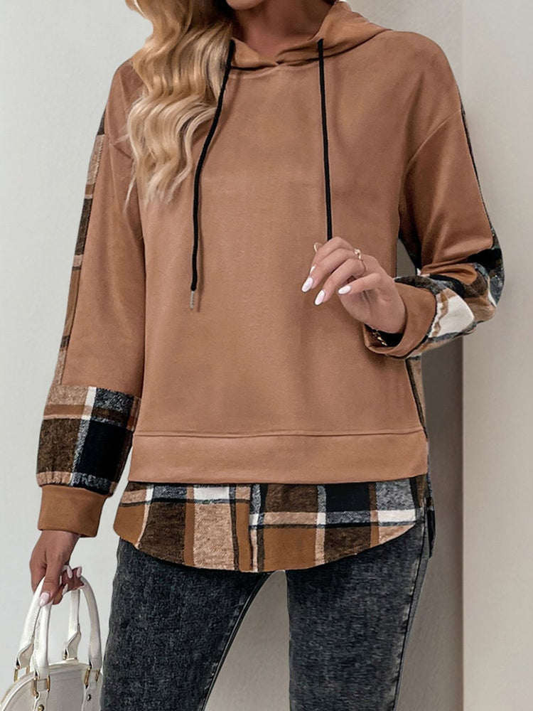 Perfee Drawstring Slit Plaid Long Sleeve Hoodie - MyEmpired