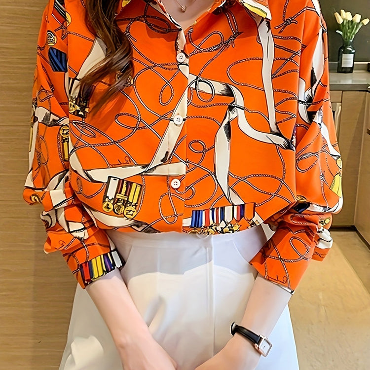 Graphic Print Button Front Shirt, Casual Long Sleeve Shirt For Spring, Women&