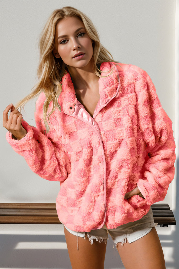 Double Take Checkered Long Sleeve Fuzzy Jacket - MyEmpired