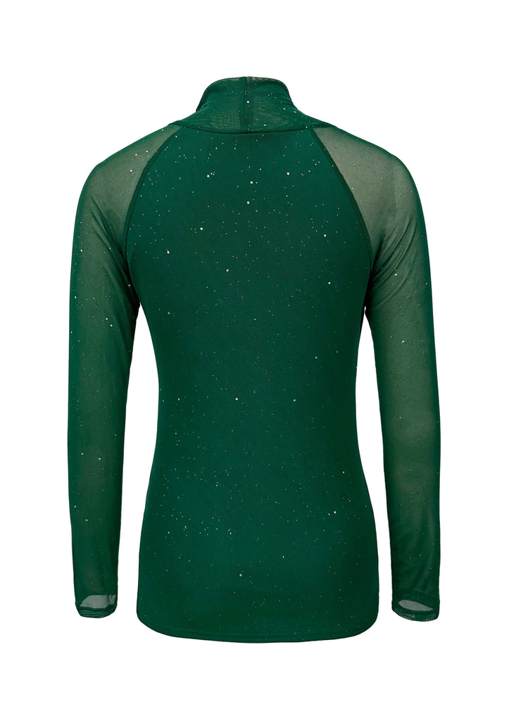 Shiny Contrast Mesh Slim T-shirt, Elegant Mock Neck Long Sleeve Top, Women&