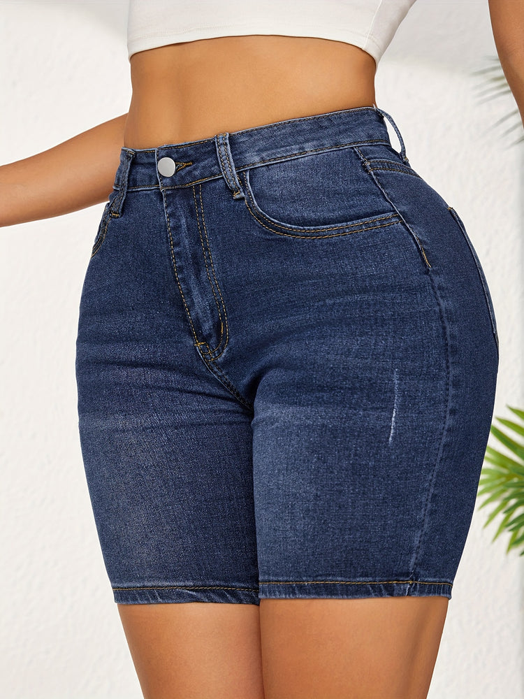 Plain Washed Blue Whiskering Denim Shorts, Slash Pocket Stretchy Denim Shorts, Women&