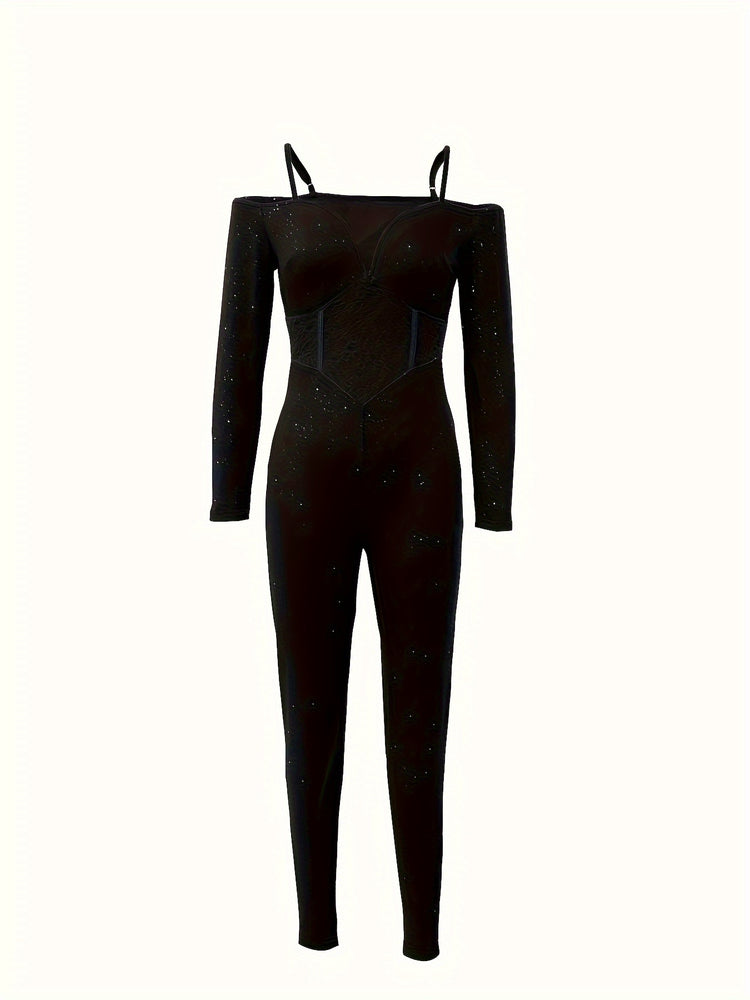 Sequin Skinny Leg Jumpsuit, Sexy Long Sleeve Jumpsuit For Spring & Fall, Women&