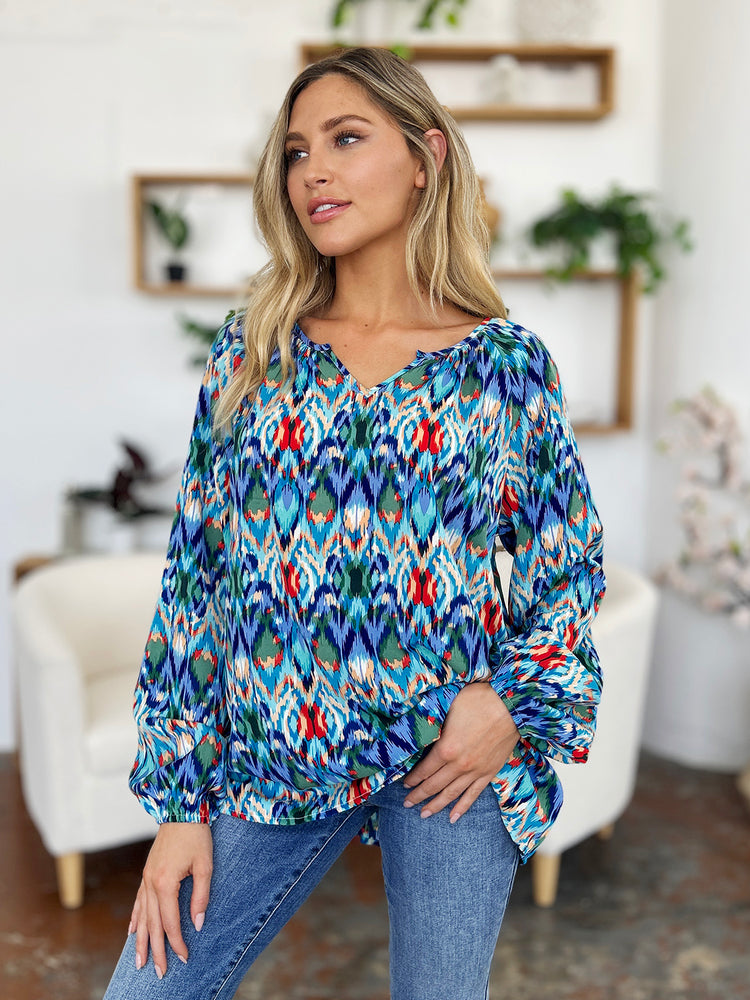 Double Take Full Size Printed Balloon Sleeve Blouse - MyEmpired