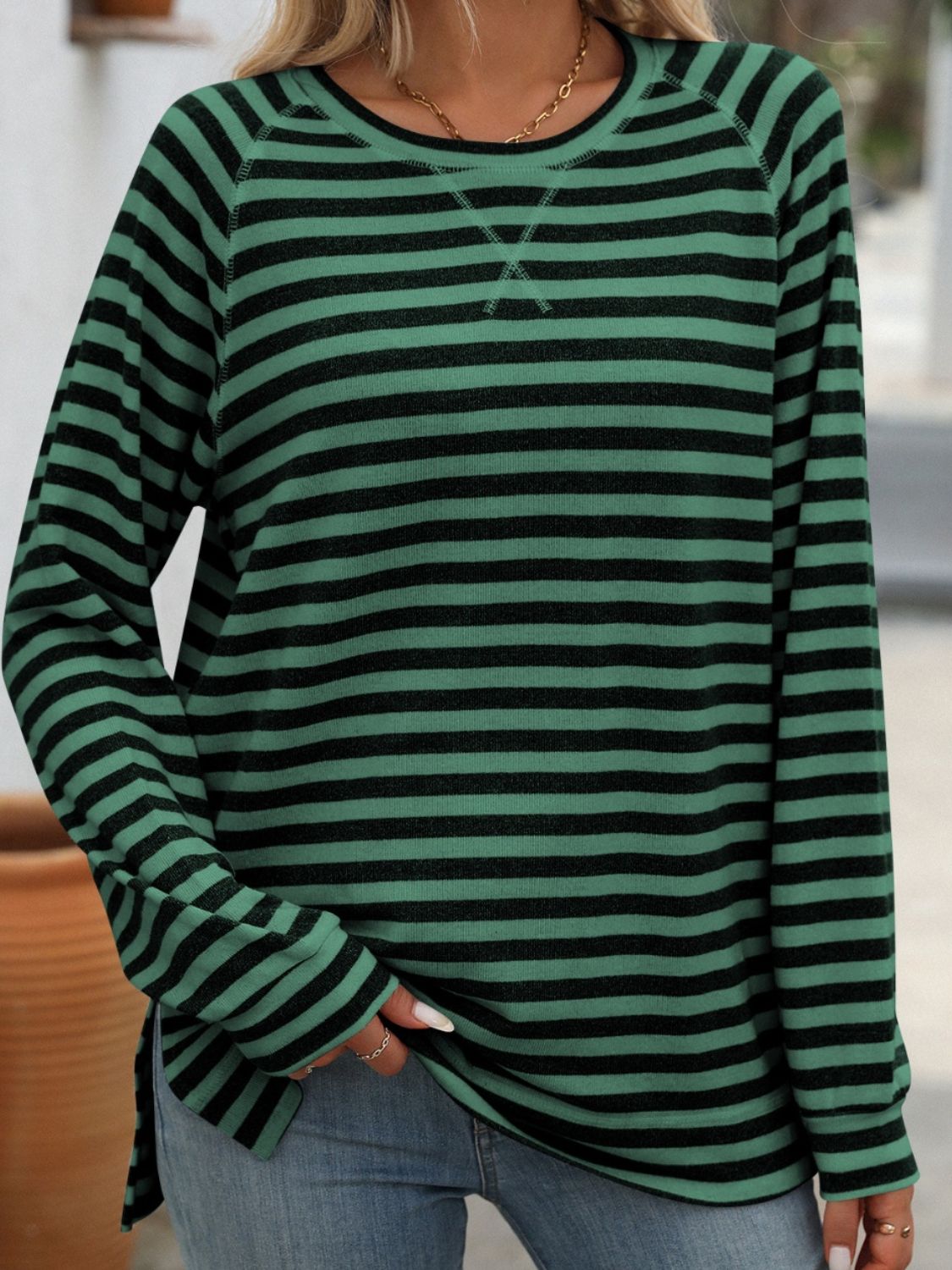 Mandy Striped Round Neck Long Sleeve T-Shirt - MyEmpired