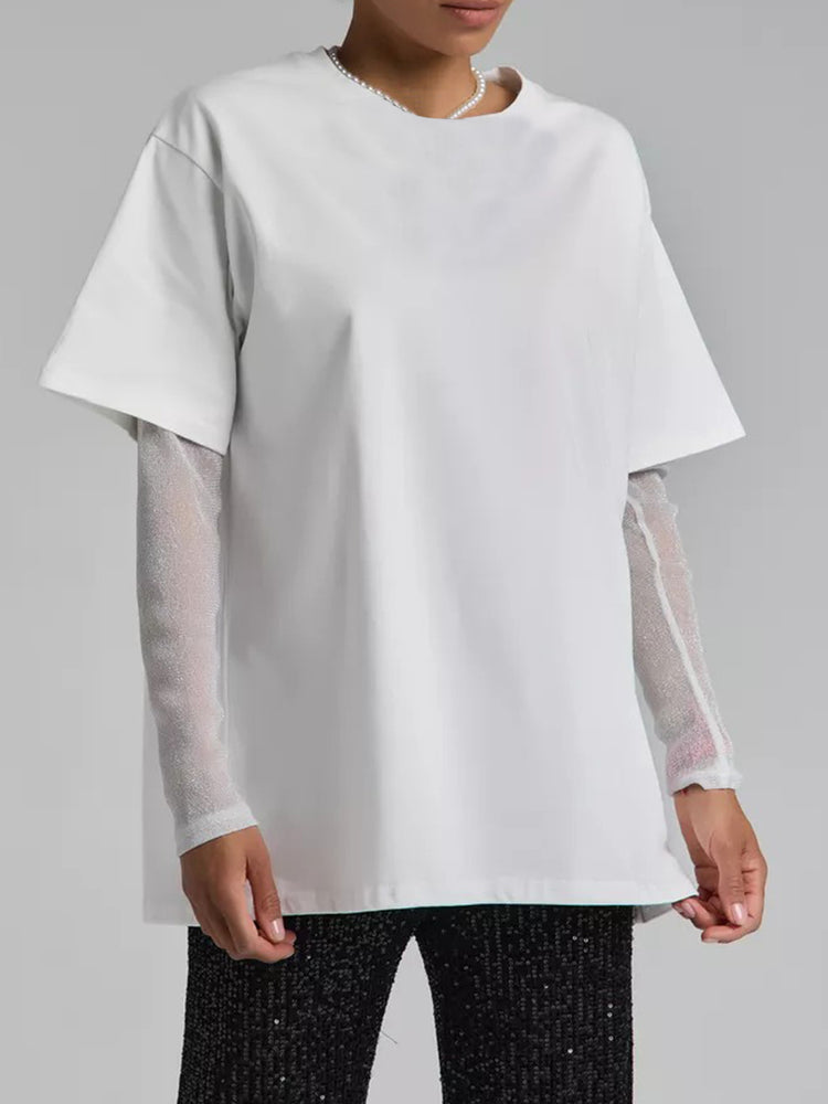 Faux Layered Round Neck Mesh Sleeve Top - MyEmpired