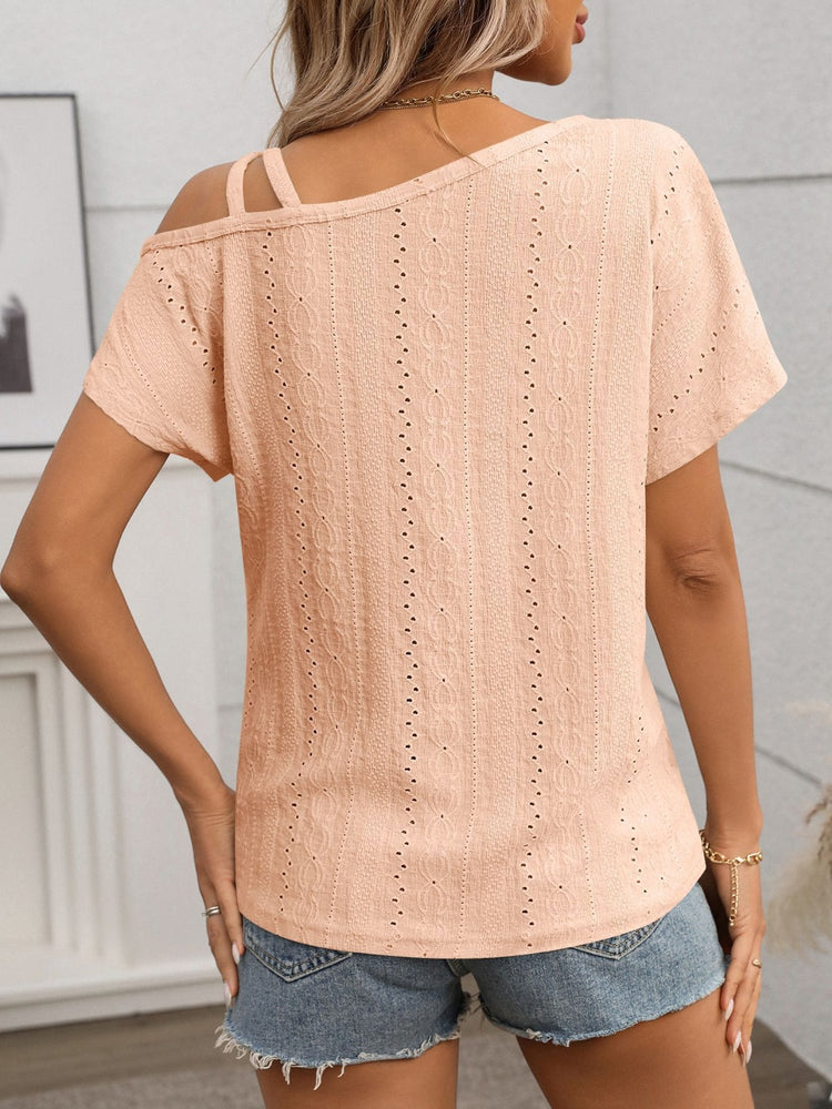 Eyelet Asymmetrical Shoulder Short Sleeve T-Shirt - MyEmpired