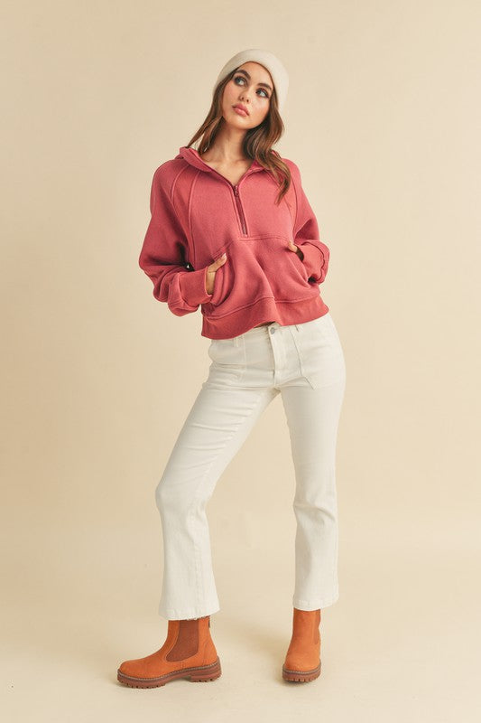 Aemi + Co Half Zip Raglan Sleeve Hoodie with Kangaroo Pocket - MyEmpired