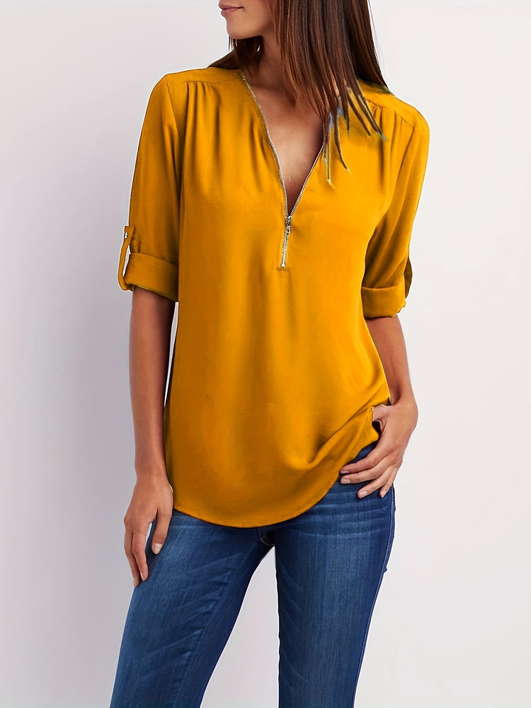 Solid V Neck Blouse - MyEmpired