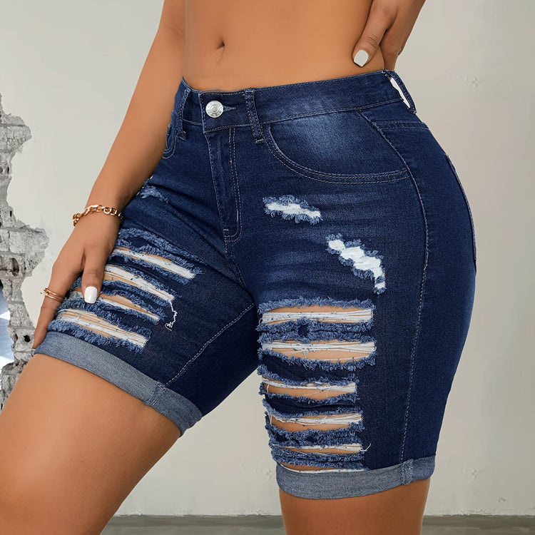 Ripped Roll Up Hem Denim Shorts, Distressed Slash Pocket Denim Shorts, Women&
