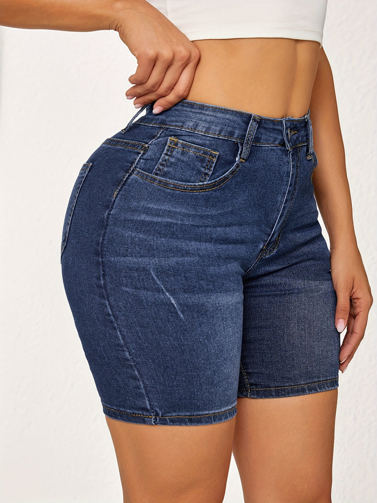 Plain Washed Blue Whiskering Denim Shorts, Slash Pocket Stretchy Denim Shorts, Women&