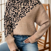 Elegant Leopard Print Turtleneck Sweater for Women - Cozy Long Sleeve Pullover with Drop Shoulder Design, Perfect for Fall/Winter - MyEmpired