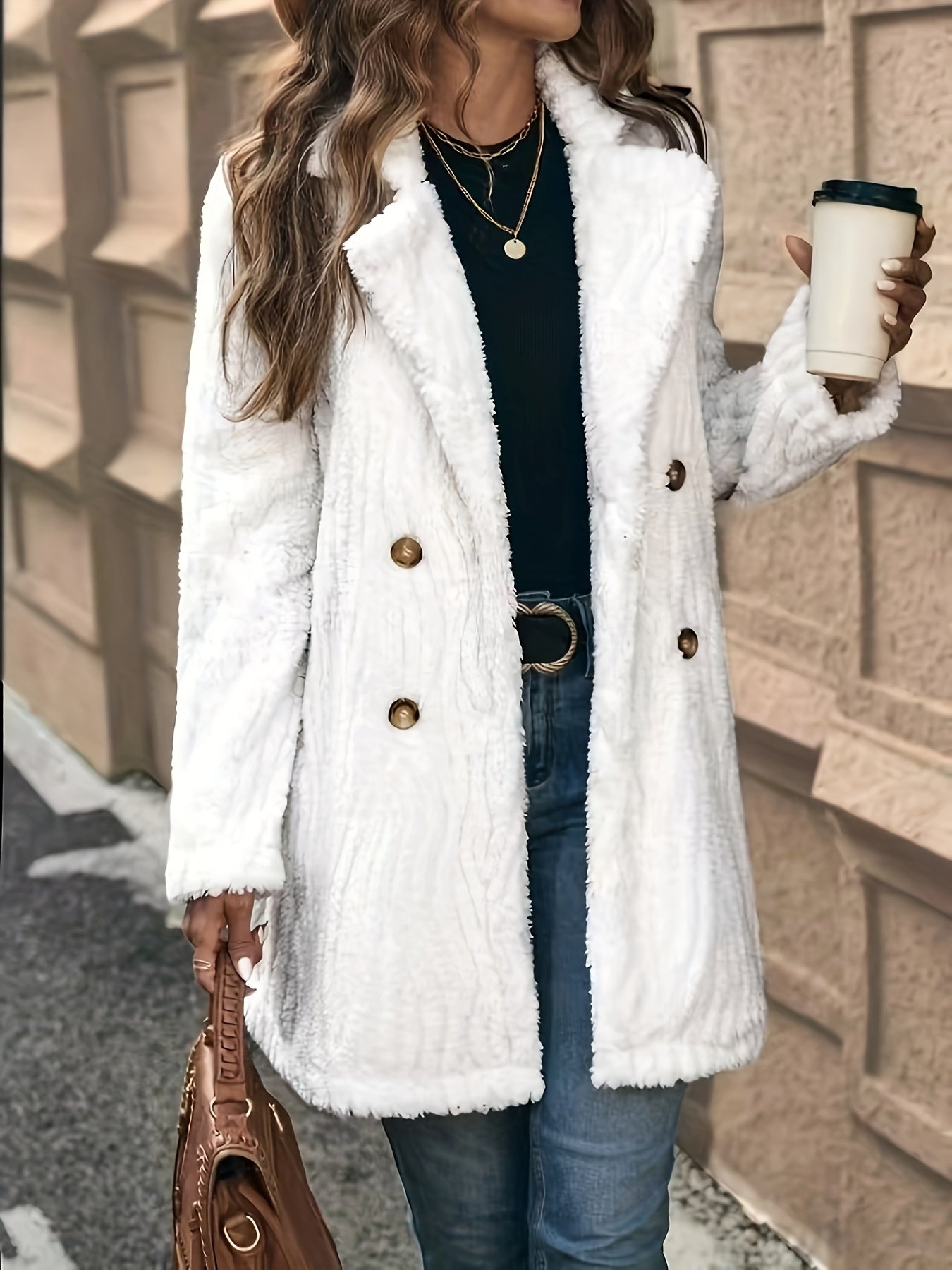 Double-breasted Lapel Teddy Coat, Elegant Solid Color Long Sleeve Textured Fluffy Coat For Winter, Women&