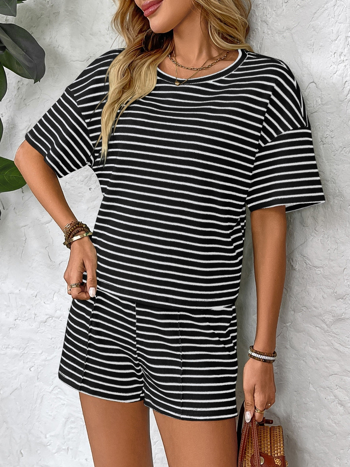 Striped Round Neck Short Sleeve Top and Shorts Set - MyEmpired