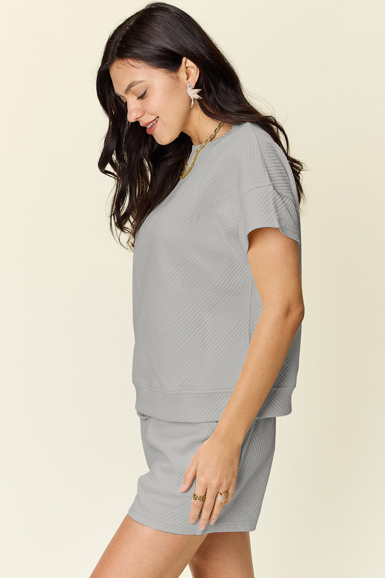 Double Take Full Size Texture Short Sleeve T-Shirt and Drawstring Shorts Set - MyEmpired