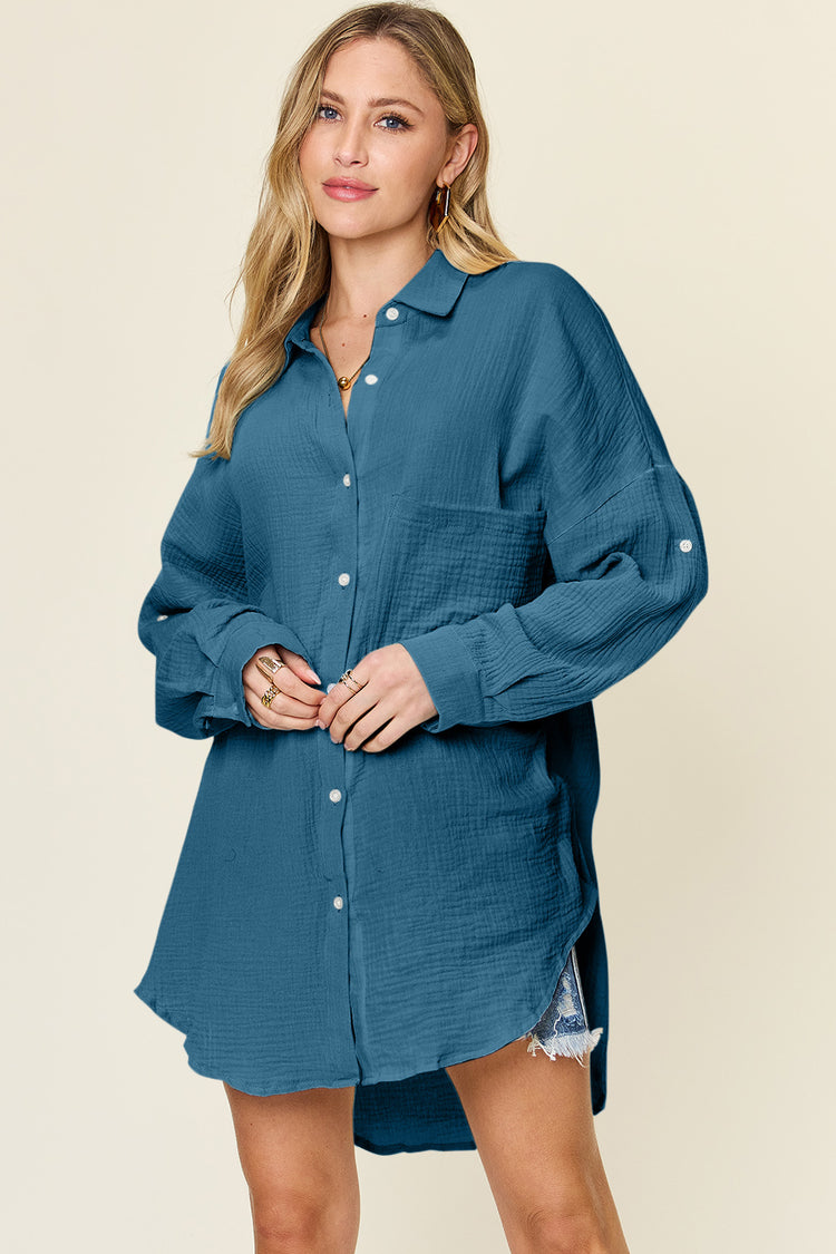 Double Take Full Size Pocketed Texture Button Up Shirt - MyEmpired