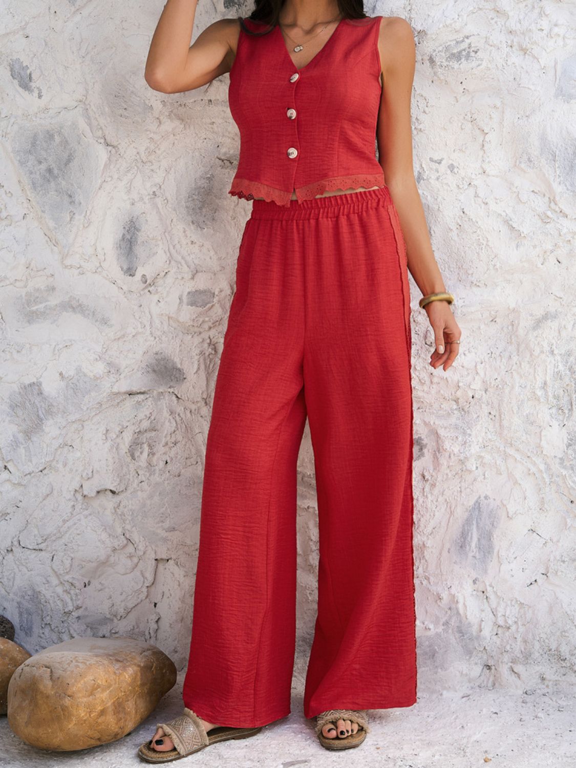 Devine Button Down Lace Detail Vest and Pants Set - MyEmpired