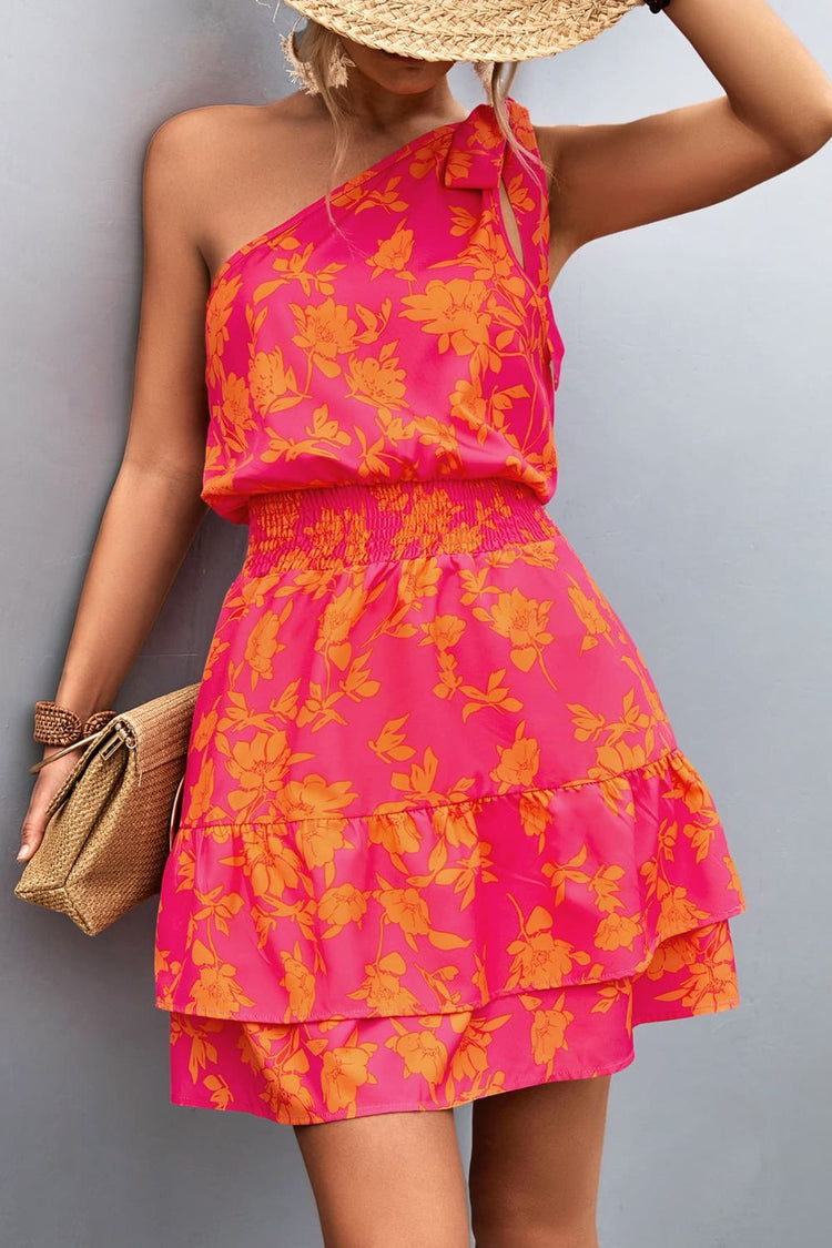 Tied Smocked Printed Single Shoulder Dress - MyEmpired