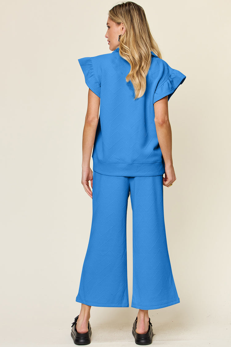 Double Take Texture Ruffle Short Sleeve Top and Drawstring Wide Leg Pants Set - MyEmpired