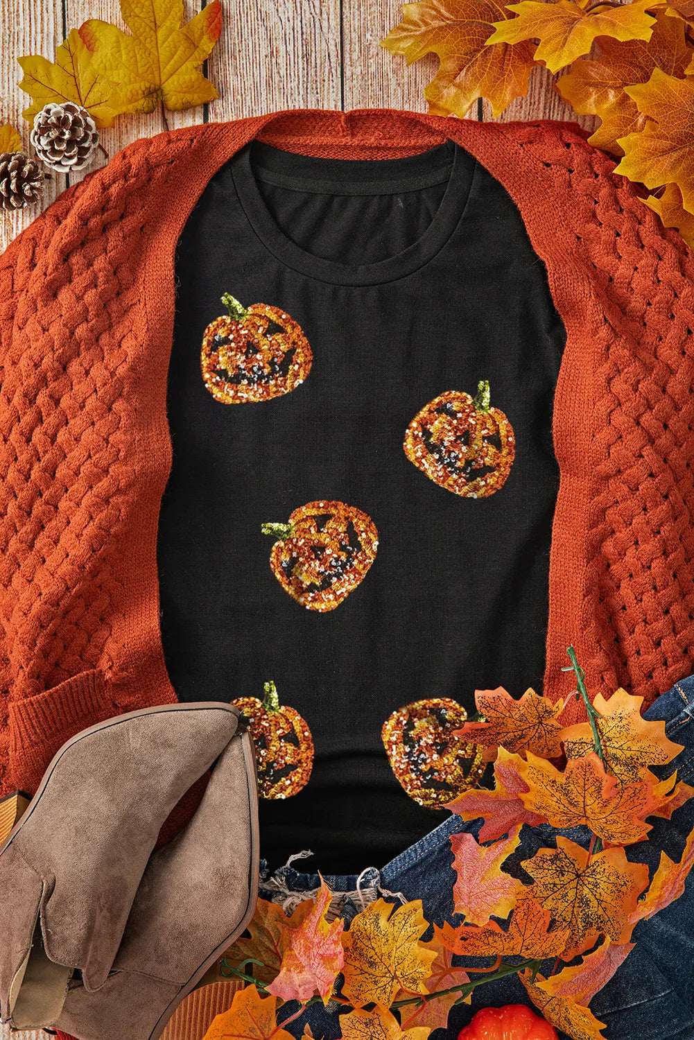 Sequin Pumpkin Round Neck Short Sleeve T-Shirt - MyEmpired