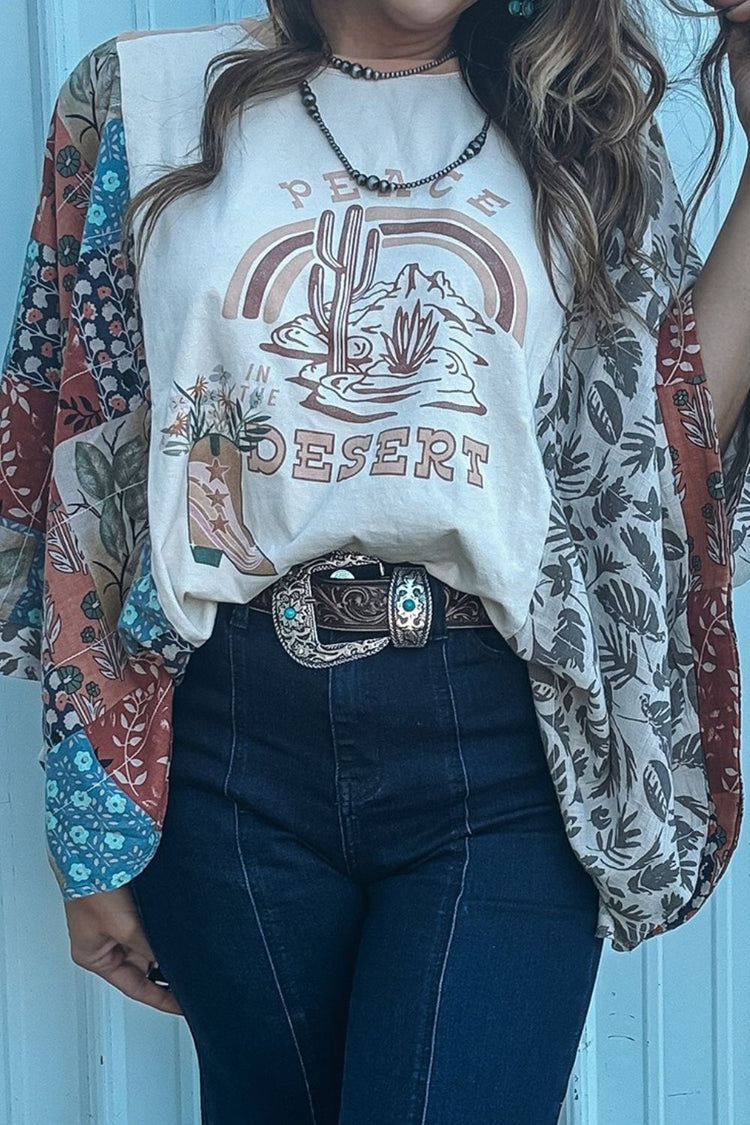 Peace Desert Graphic Asymmetric Printed Patchwork Sleeve Top - MyEmpired