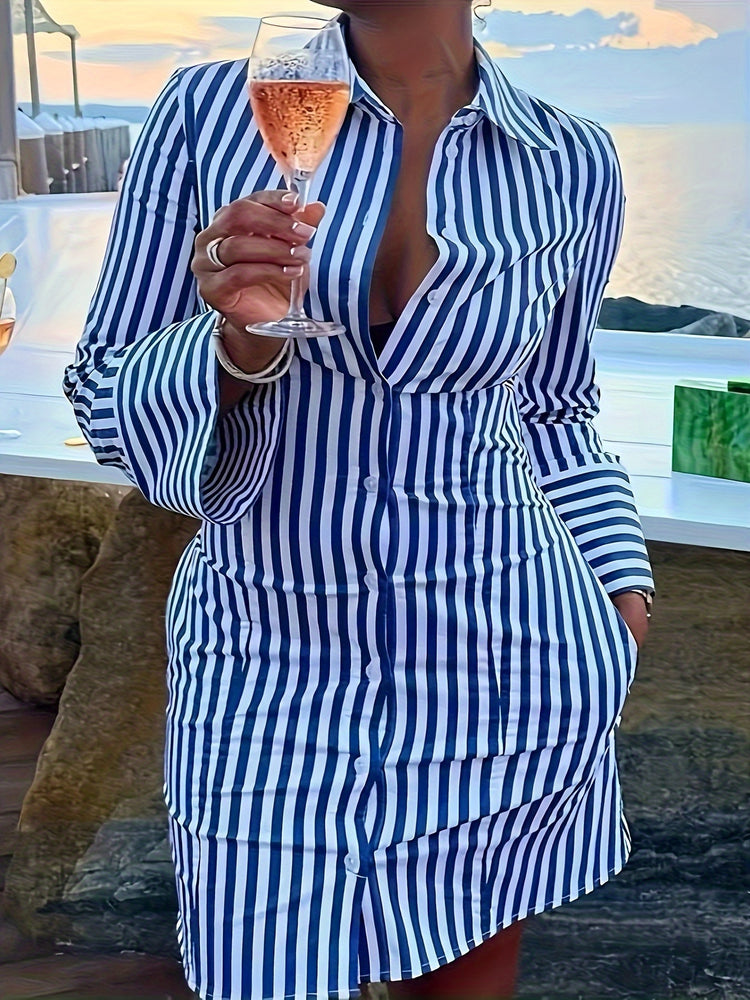 Chic Striped Shirt Dress with Side Pockets - MyEmpired