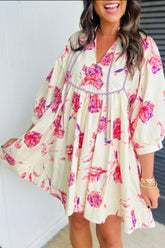 Tied Flower Printed Three-Quarter Sleeve Dress - MyEmpired