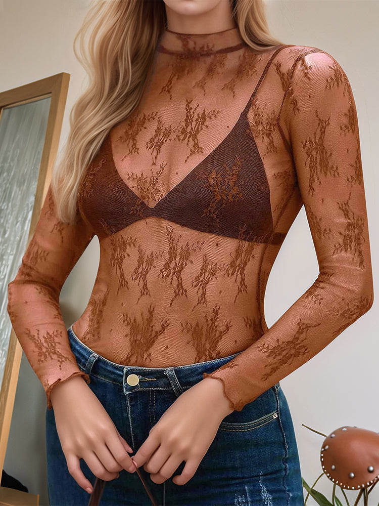Floral Mock Neck Long Sleeve Mesh Top - MyEmpired