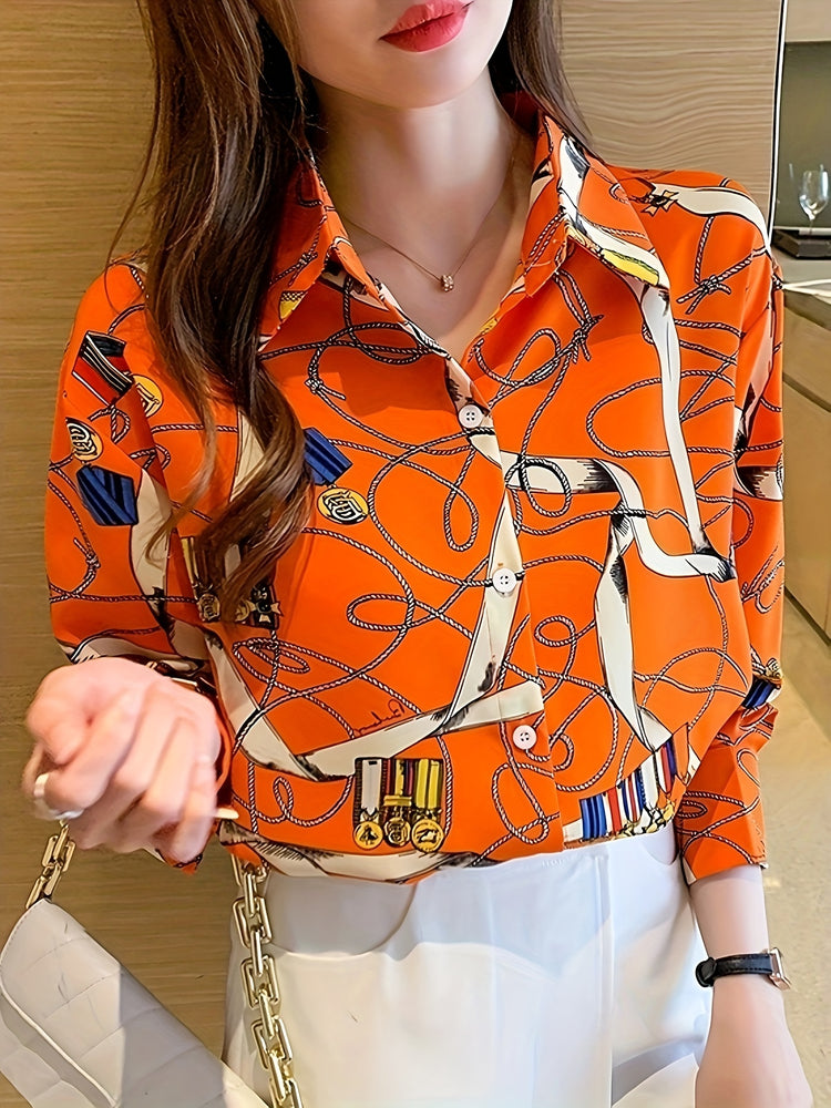 Graphic Print Button Front Shirt, Casual Long Sleeve Shirt For Spring, Women&