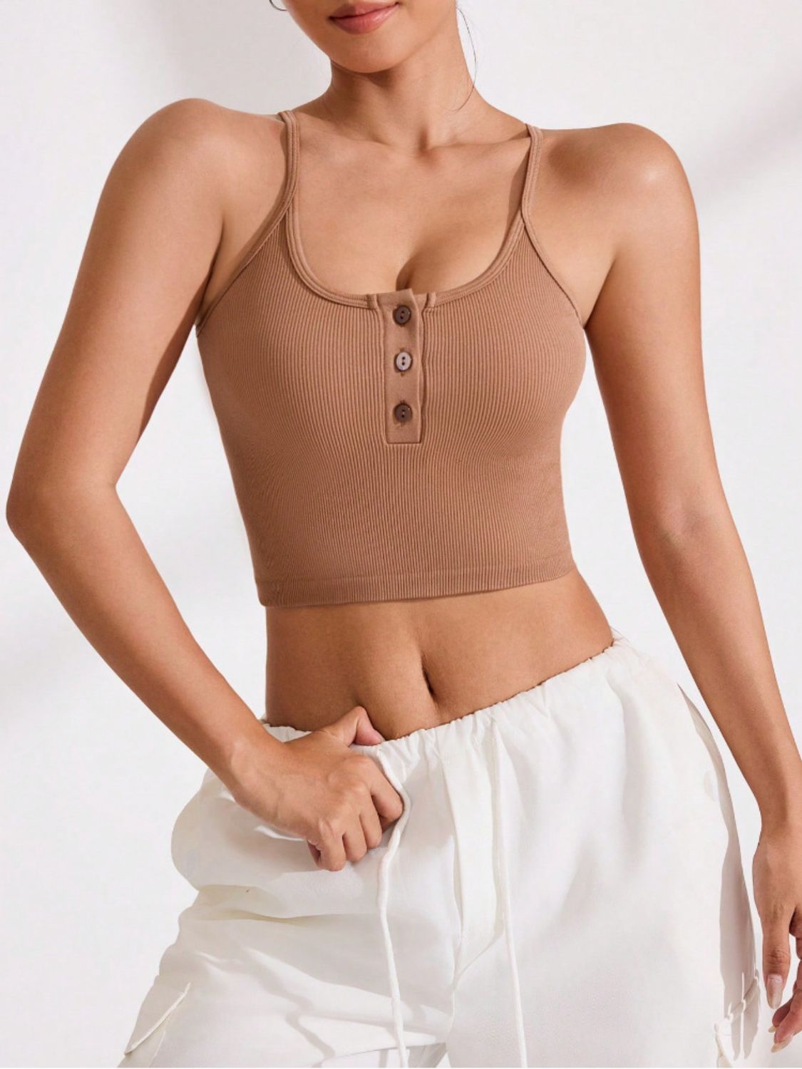 Ribbed Half Button Cropped Active Cami - MyEmpired