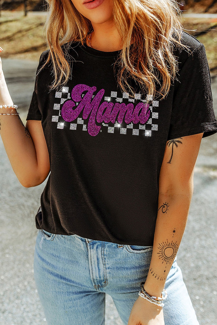 MAMA Rhinestone Letter Round Neck T-Shirt - MyEmpired