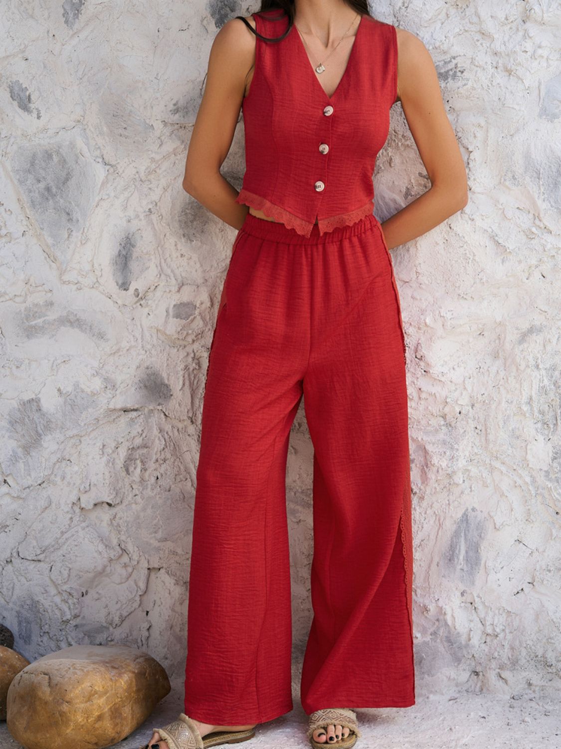 Devine Button Down Lace Detail Vest and Pants Set - MyEmpired
