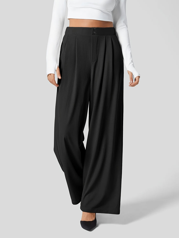 Solid Color Wide Leg Pants, Casual Pleated Loose Pants For Spring & Summer, Women&
