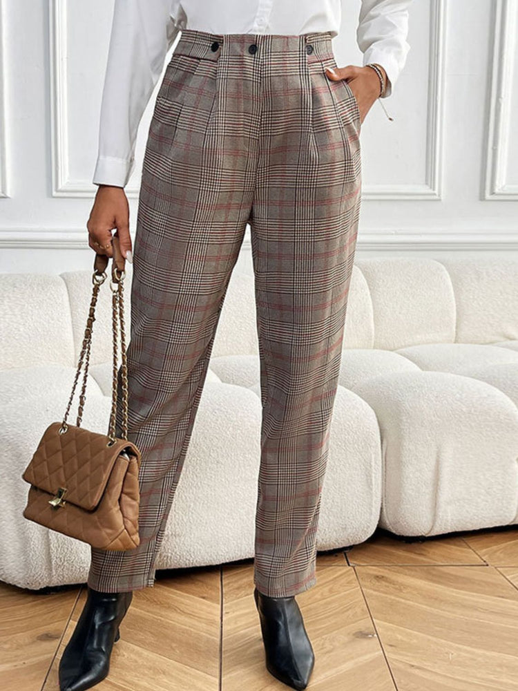 Perfee Plaid Straight Pants with Pockets - MyEmpired