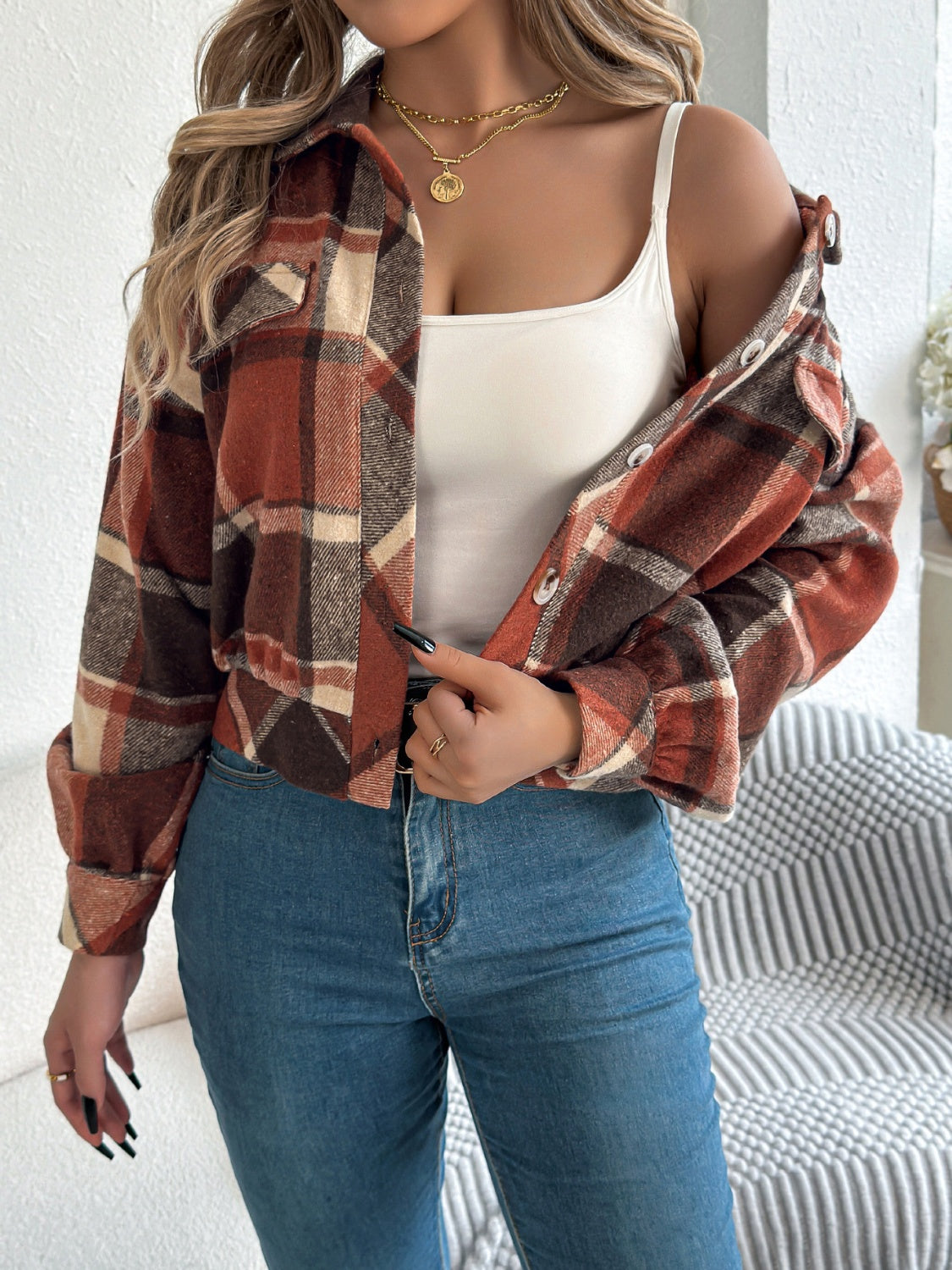 Plaid Button Up Long Sleeve Jacket - MyEmpired