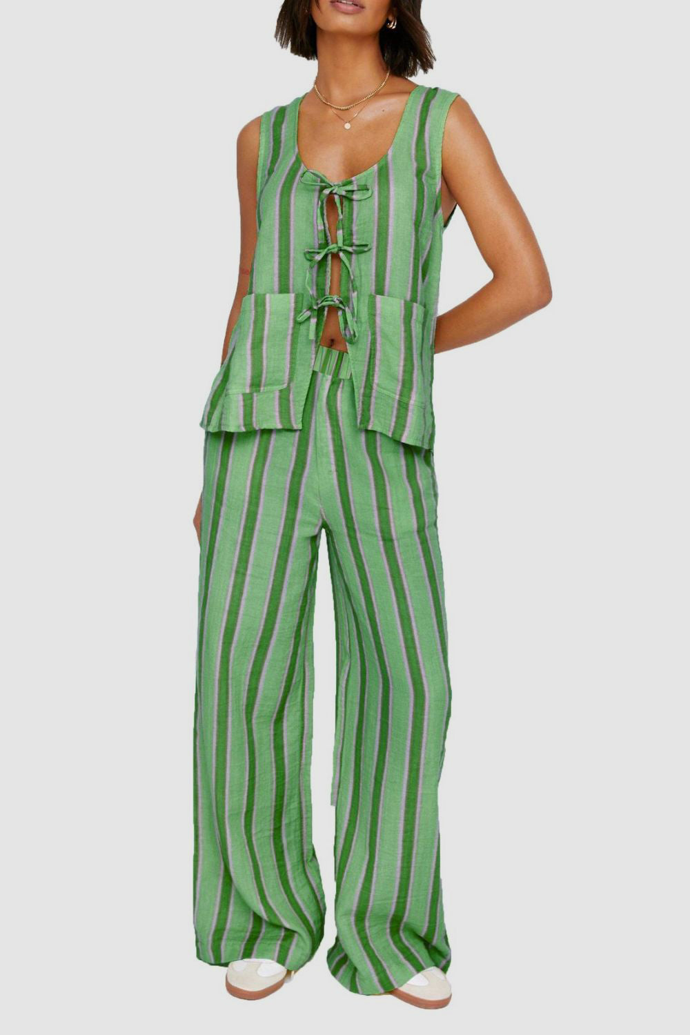 Tied Front Striped Top and Pants Set - MyEmpired