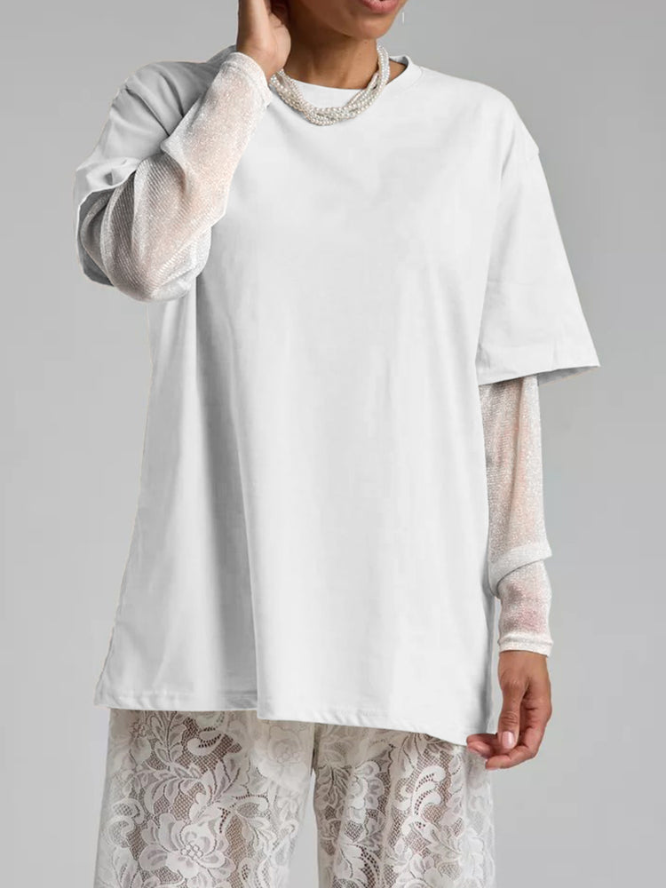Faux Layered Round Neck Mesh Sleeve Top - MyEmpired